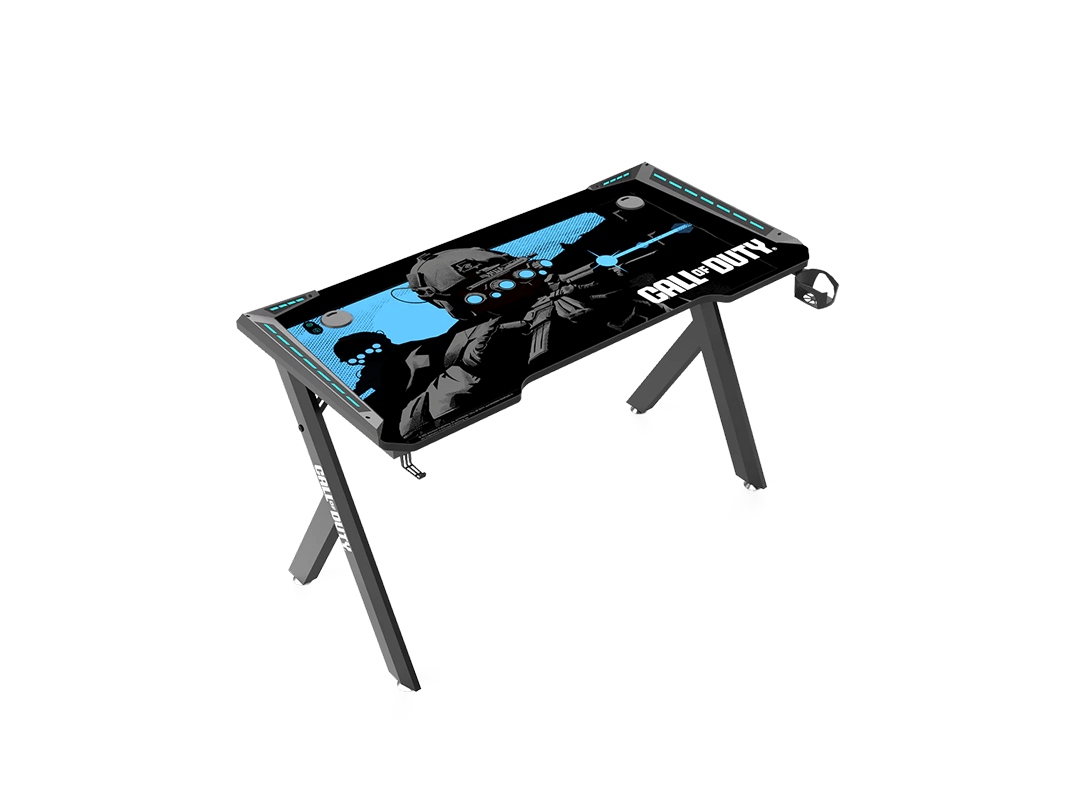 GAMEON Call Of Duty (COD) Hawksbill Series RGB Flowing Light Gaming Desk With Mouse pad, Headphone Hook & Cup Holder - Black/Blue in Qatar GAMEON Call Of Duty (COD) Hawksbill Series RGB Flowing Light Gaming Desk With Mouse pad, Headphone Hook & Cup Holder - Black/Blue in Qatar